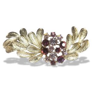 Rare Vintage Signed Coro Purple Rhinestone Brooch in Silvertone Leaf Setting
